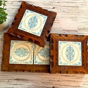 {3/$25} Mexican Tile and Carved Wood 3 Piece Trivet Set Old